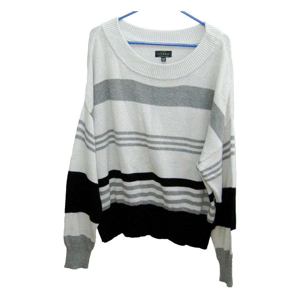 LUCKY BRAND Women's (Size XL) Gray Striped Sweater Long Sleeve Cotton Top Shirt